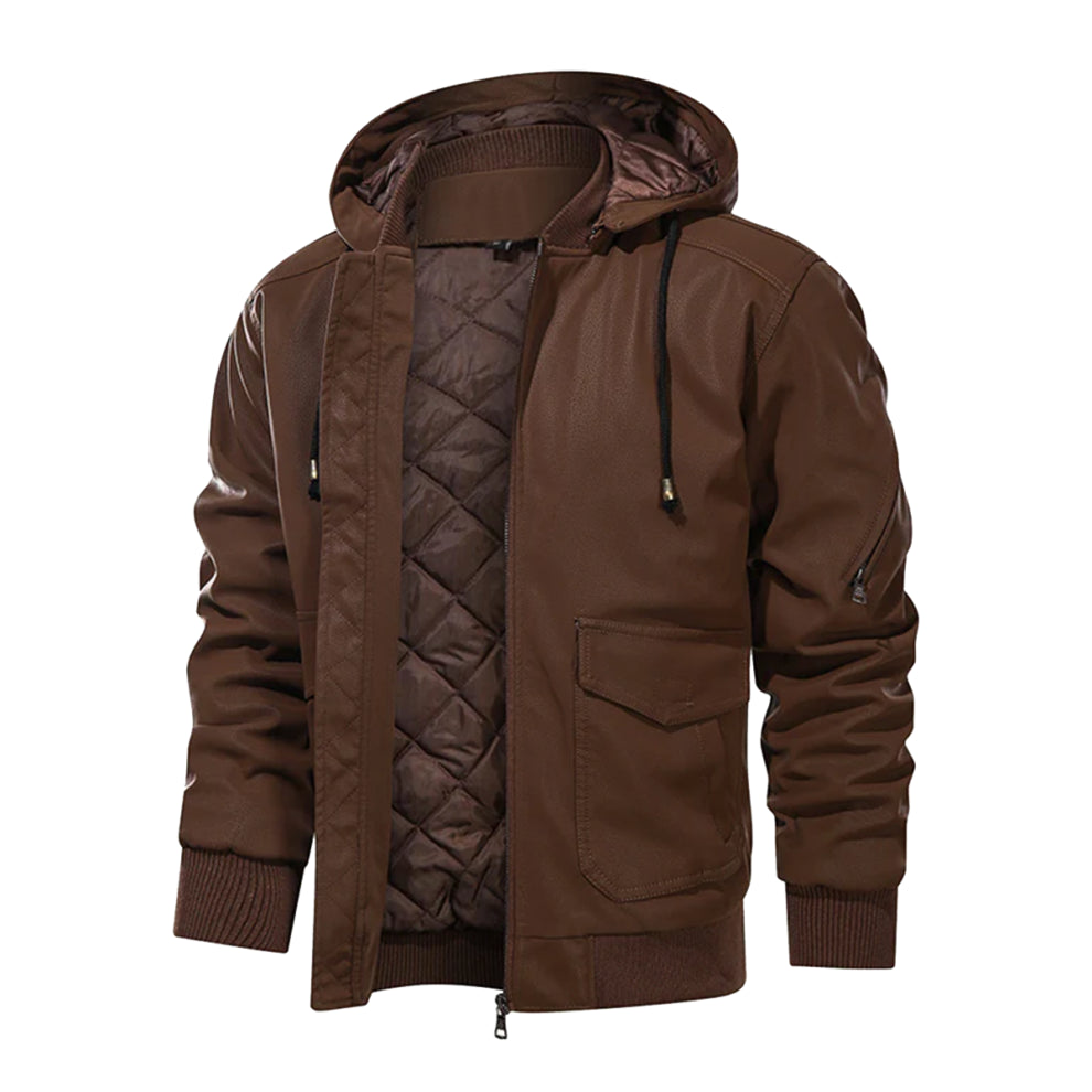 Brown Bomber Hooded Genuine Leather Jacket