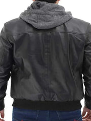 Hooded Style Black Bomber Leather Jacket