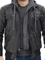 Hooded Style Black Bomber Leather Jacket