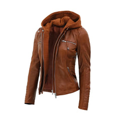 Hooded Style Brown Leather Jacket