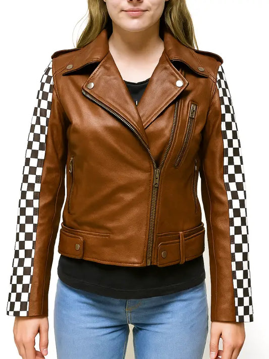 Women’s Brown Checkered Leather Biker Jacket – Trendy Studded Moto Style