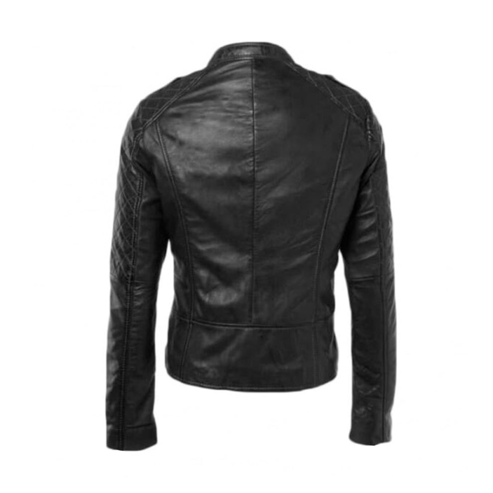 Black Biker Quilted Genuine Leather Jacket