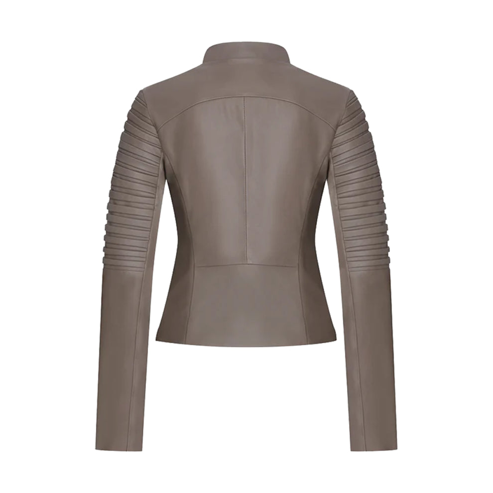 Grey Round Shape Genuine Leather Jacket