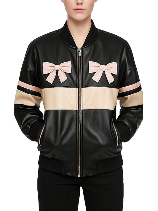 Leather Bomber Jacket with Bow Details for Women