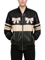 Leather Bomber Jacket with Bow Details for Women