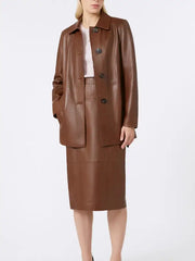 Women’s Brown Leather Jacket with Matching Skirt