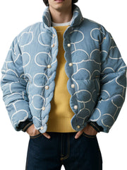 Light Blue Graphic Patterned Puffer Jacket