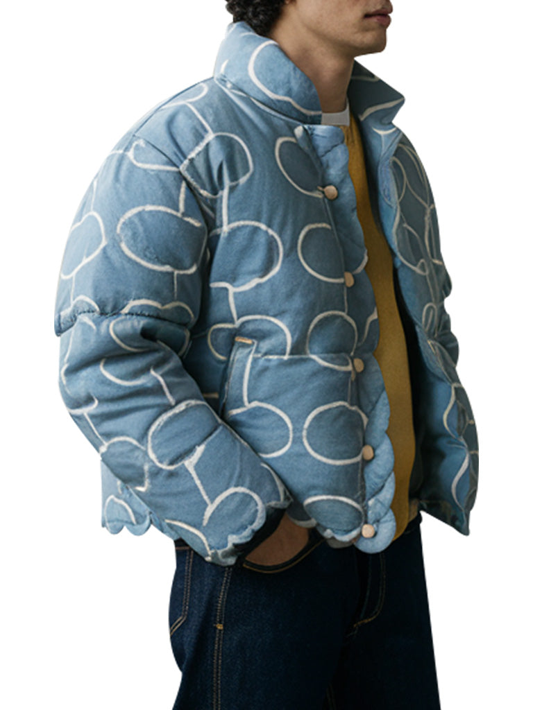 Light Blue Graphic Patterned Puffer Jacket