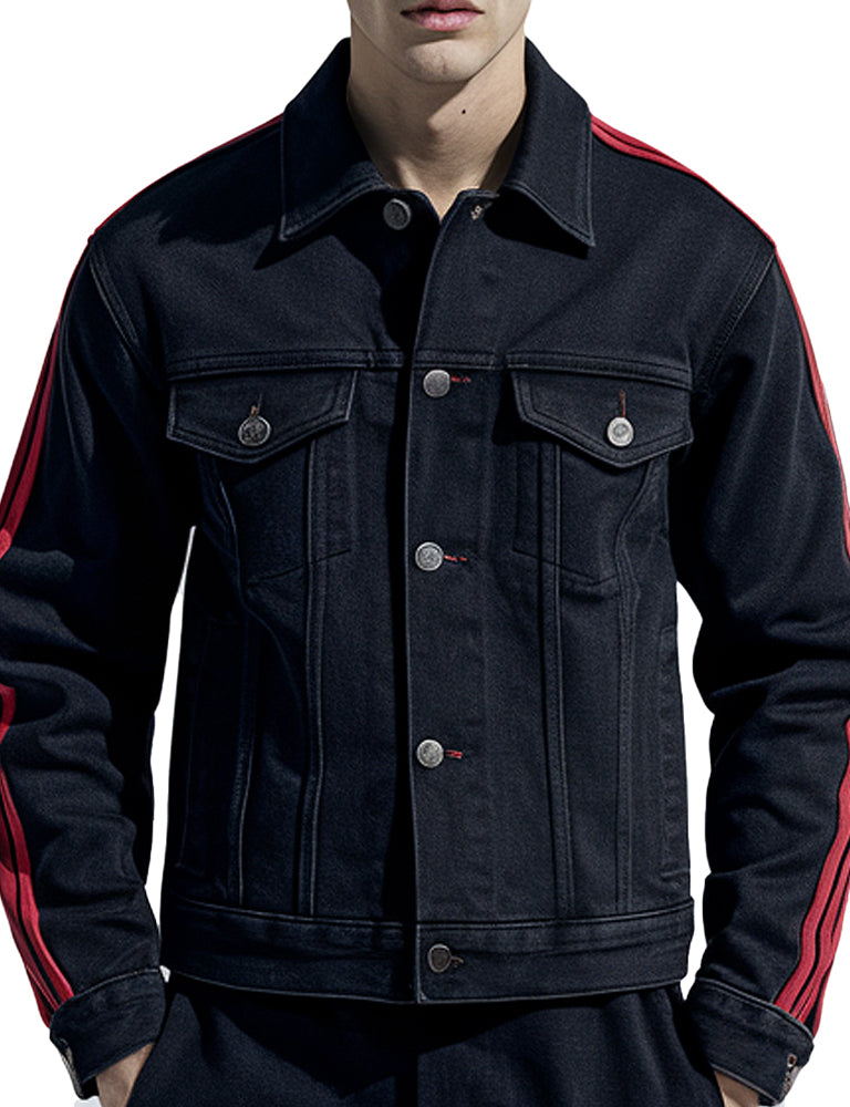 Men's Black Denim Jacket With Red Stripes