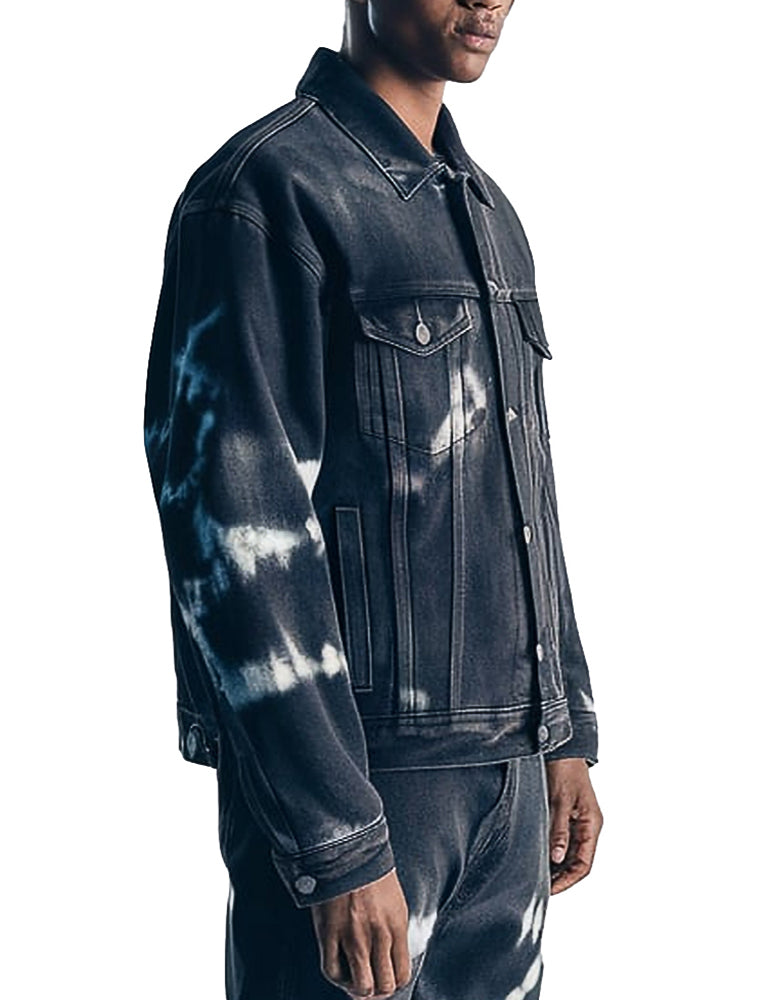 Men's Black Tie-dye Bleach Denim Jacket