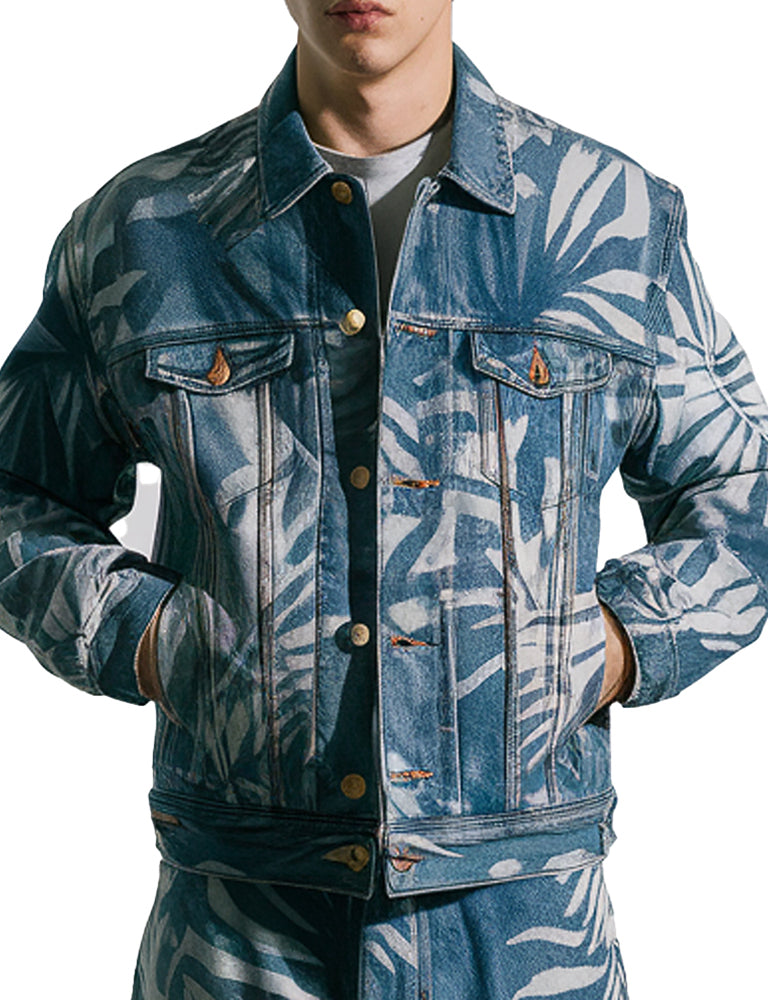 Men's Blue Leaf Print Slim Fit Denim Jacket