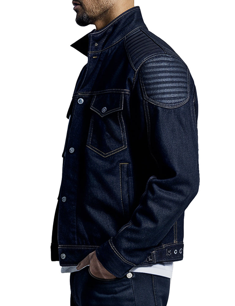 Men's Dark Blue Quilted Shoulder Denim Jacket