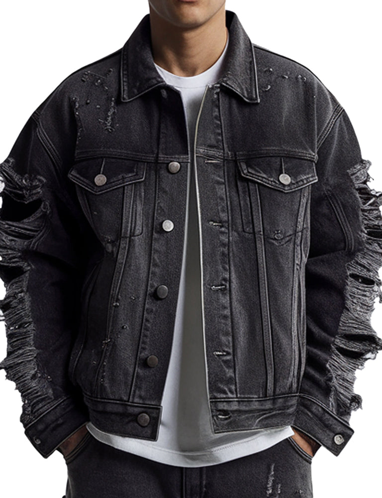 Men's Distressed Black with Ripped Sleeves Denim Jacket