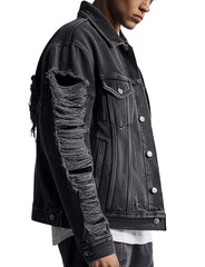 Men's Distressed Black with Ripped Sleeves Denim Jacket