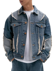 Men's Distressed Blue Frayed Design Denim Jacket