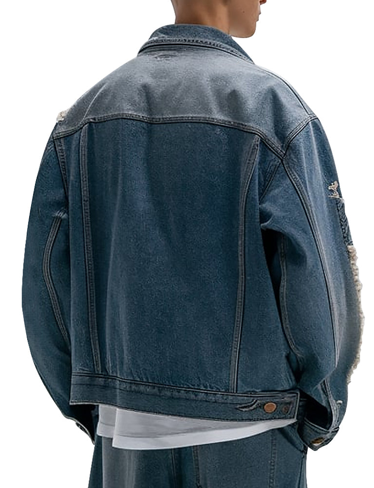 Men's Distressed Blue Frayed Design Denim Jacket