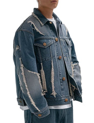 Men's Distressed Blue Frayed Design Denim Jacket