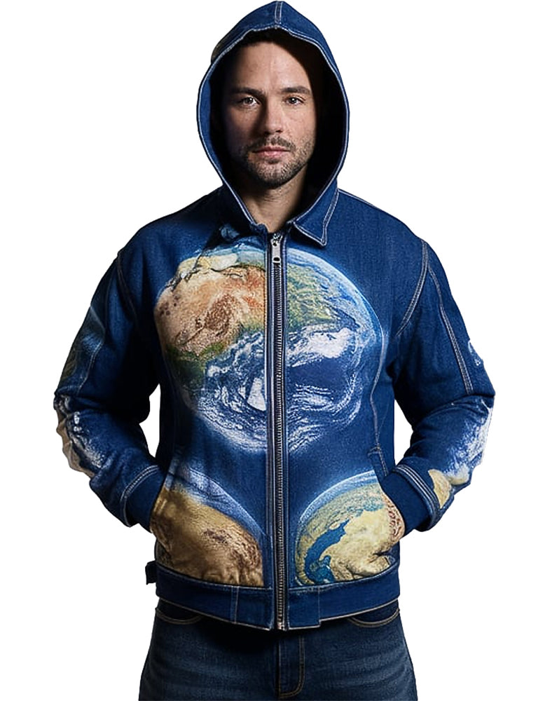 Men's Earth Print Hooded Planetary Design Denim Jacket