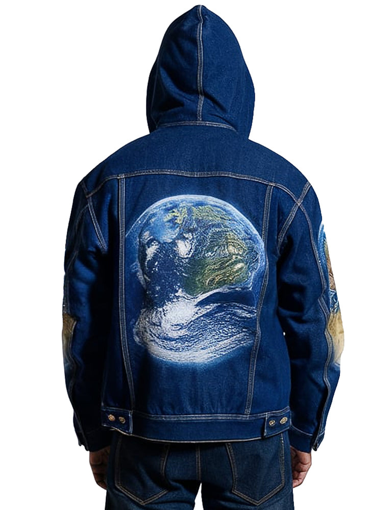 Men's Earth Print Hooded Planetary Design Denim Jacket