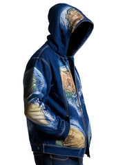 Men's Earth Print Hooded Planetary Design Denim Jacket