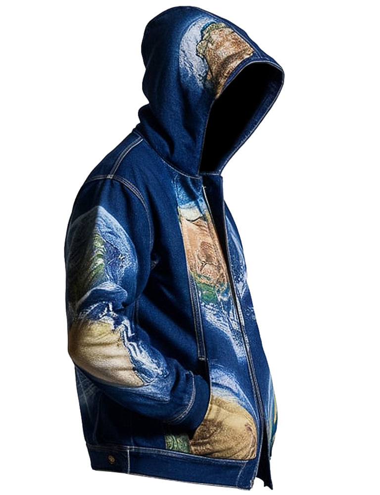 Men's Earth Print Hooded Planetary Design Denim Jacket