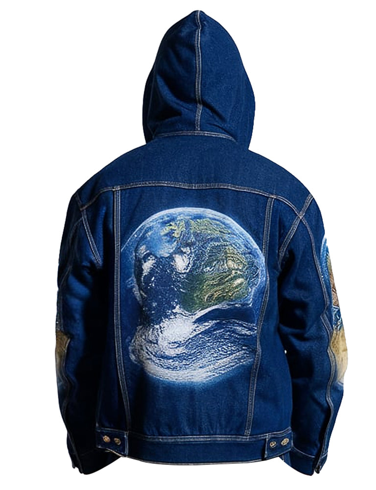 Men's Earth Print Hooded Planetary Design Denim Jacket