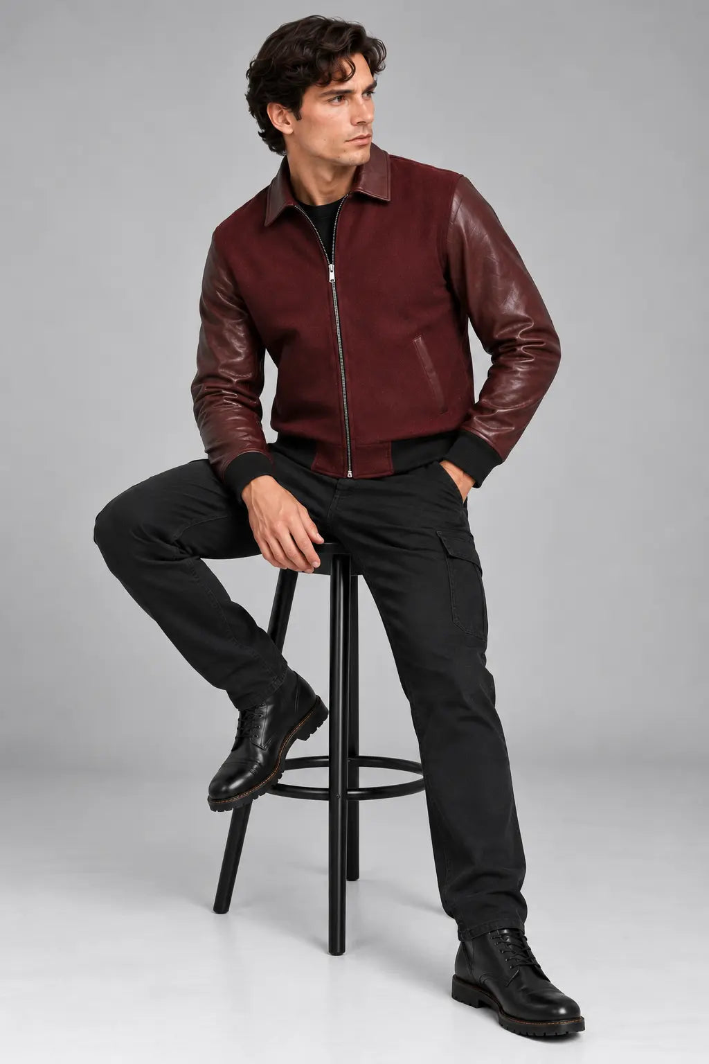 Men's burgundy wool and leather varsity bomber jacket with leather sleeves