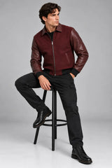 Men's burgundy wool and leather varsity bomber jacket with leather sleeves