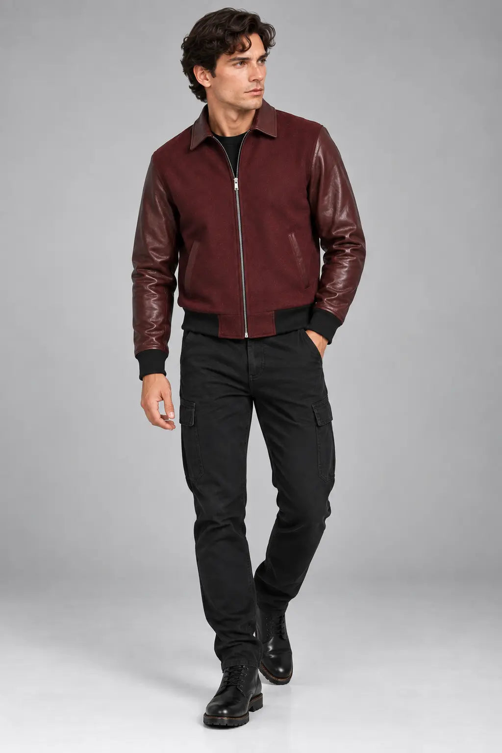 Burgundy varsity bomber jacket for men with leather sleeves and zip closure