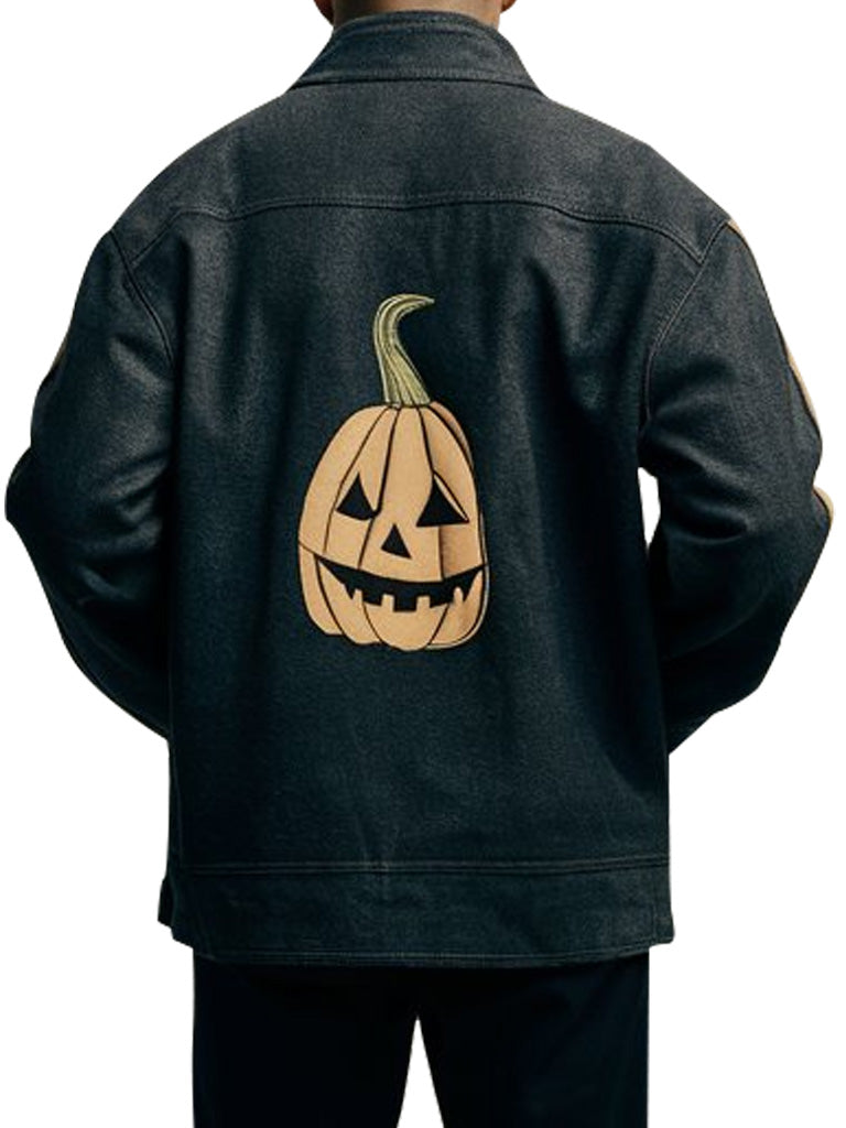 Men's Black and Beige Halloween Pumpkin Embroidered Jacket