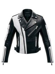 Men's Black and White Leather Briar Biker Jacket