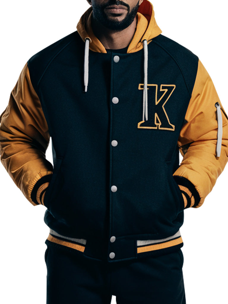 Men's Black and Yellow Varsity Jacket with Detachable Hood