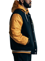 Men's Black and Yellow Varsity Jacket with Detachable Hood