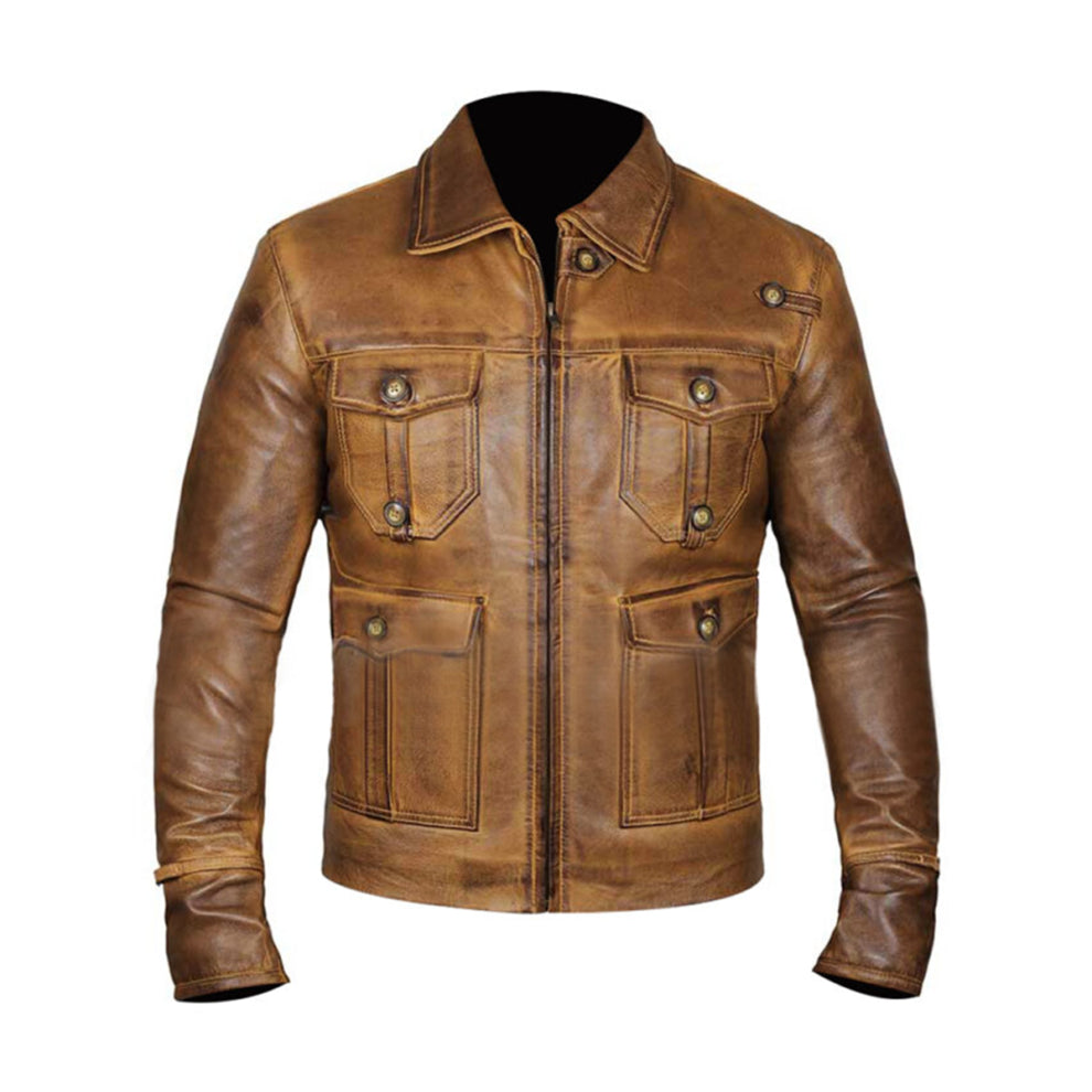 Vintage Shirt Style Camel Cognac Leather Jacket