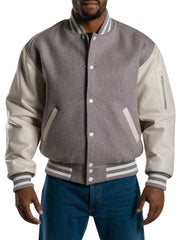 Men's Gray Wool Varsity Jacket With White Leather Sleeves