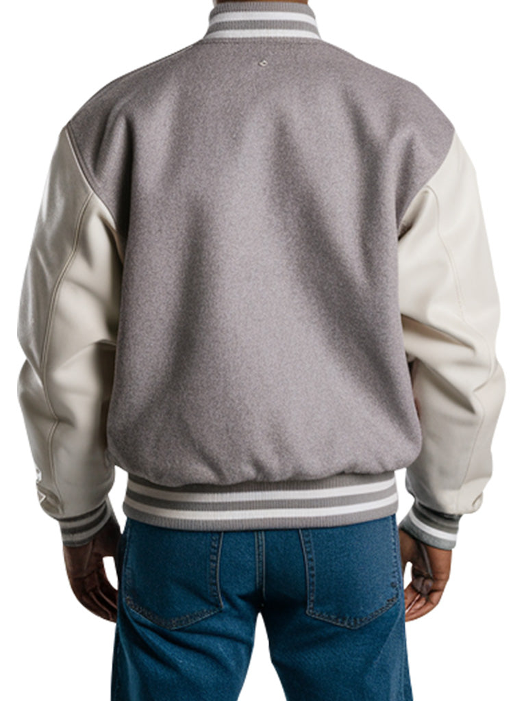 Men's Gray Wool Varsity Jacket With White Leather Sleeves