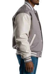 Men's Gray Wool Varsity Jacket With White Leather Sleeves