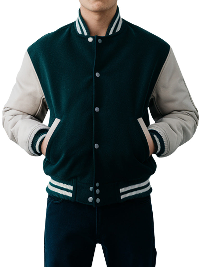 Men's Green Tide Varsity Jacket With Beige Sleeves