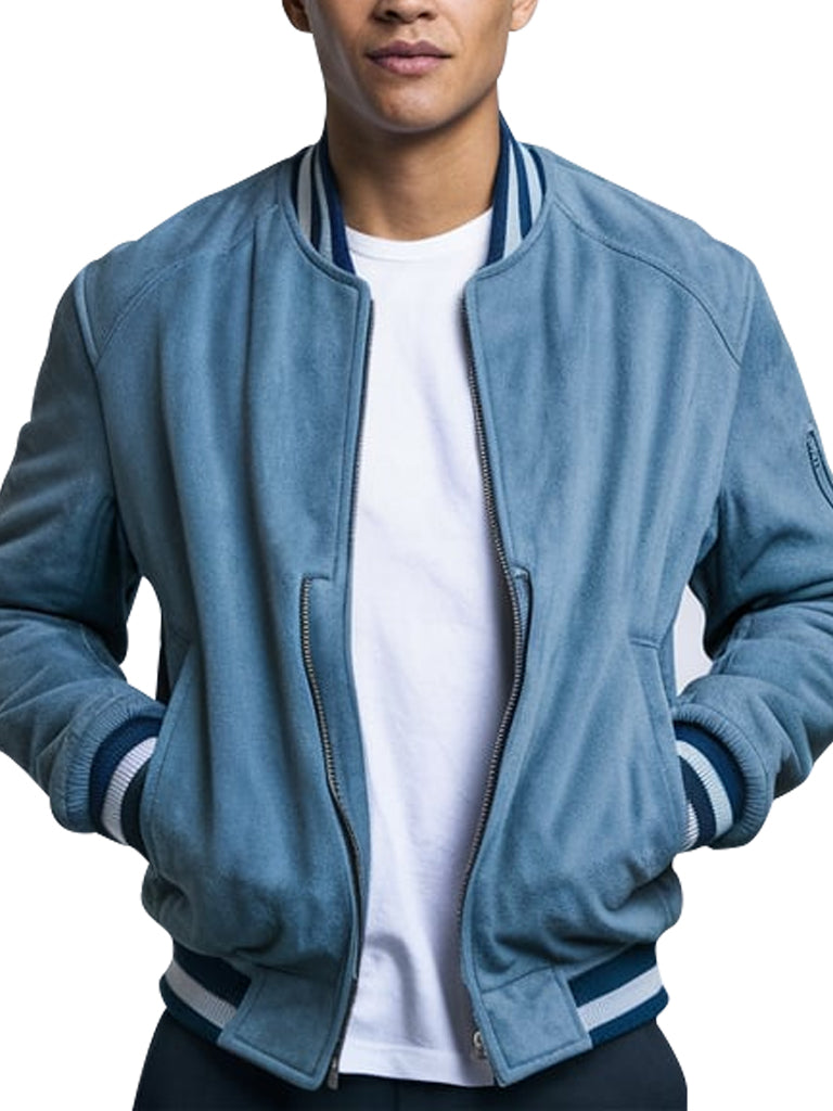 Men's Light Blue Suede Varsity Bomber Jacket