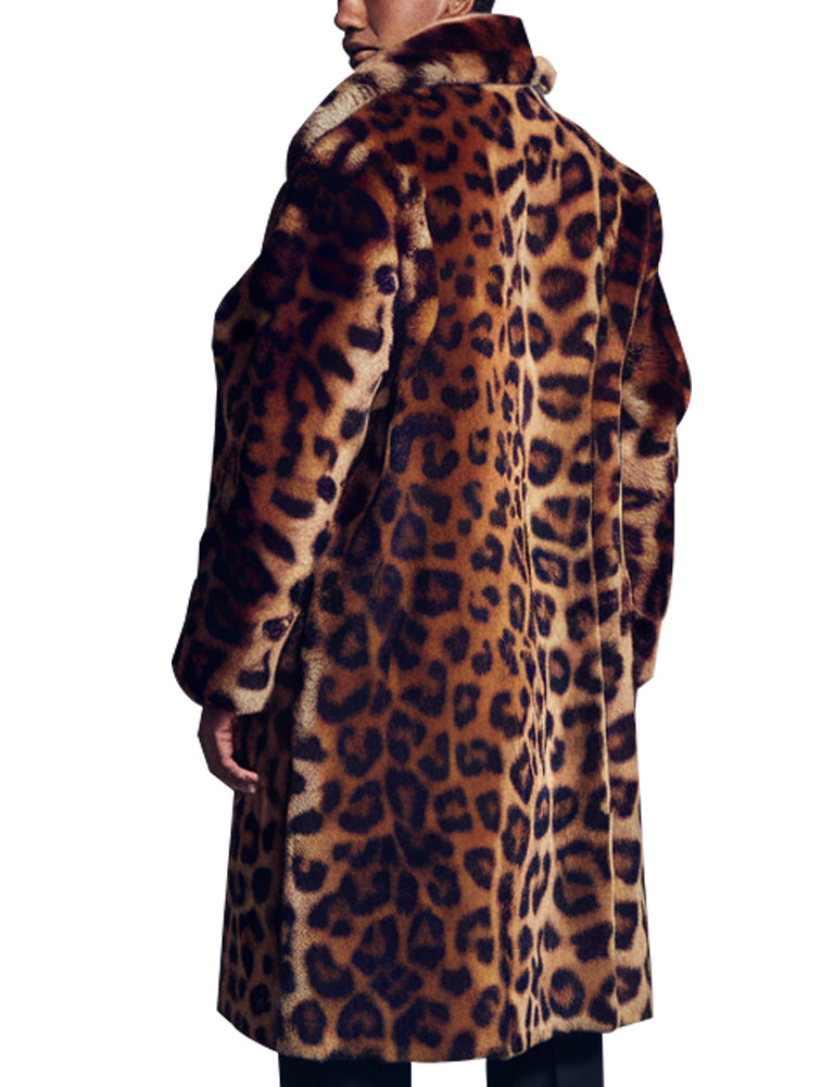 Men's Luxe Leopard Print Faux Fur Long Coat