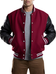 Men's Maroon Varsity Jacket With Black Leather Sleeves