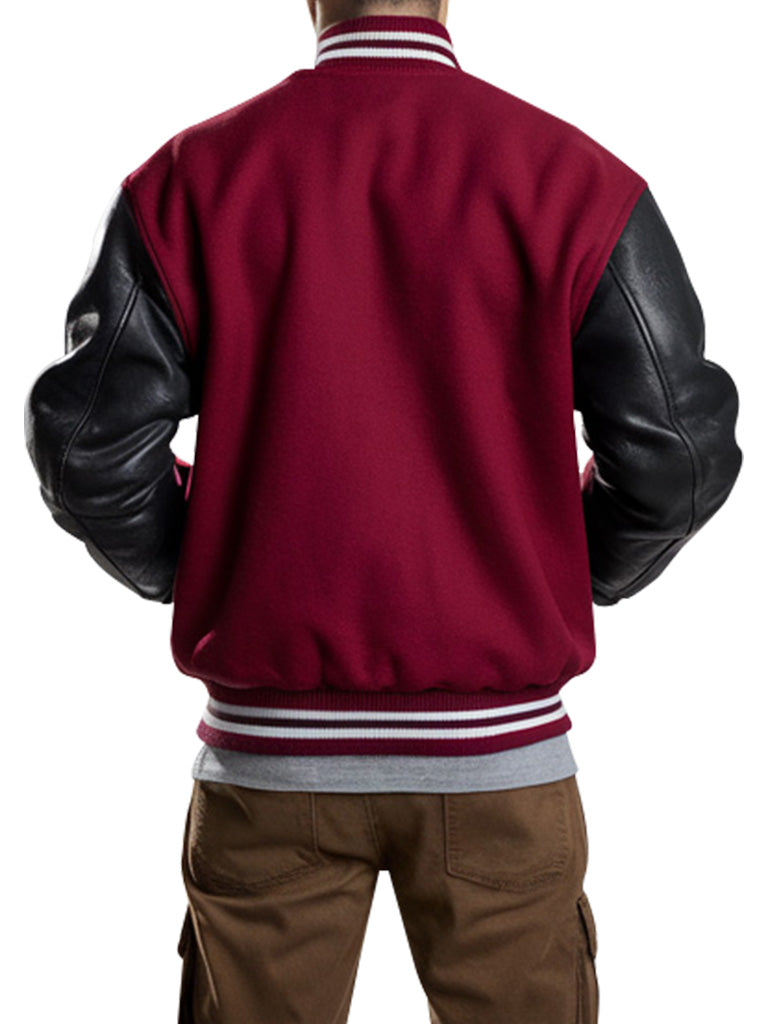 Men's Maroon Varsity Jacket With Black Leather Sleeves