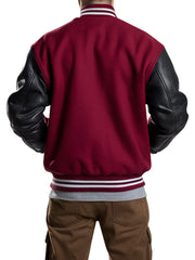 Men's Maroon Varsity Jacket With Black Leather Sleeves