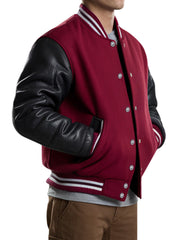 Men's Maroon Varsity Jacket With Black Leather Sleeves