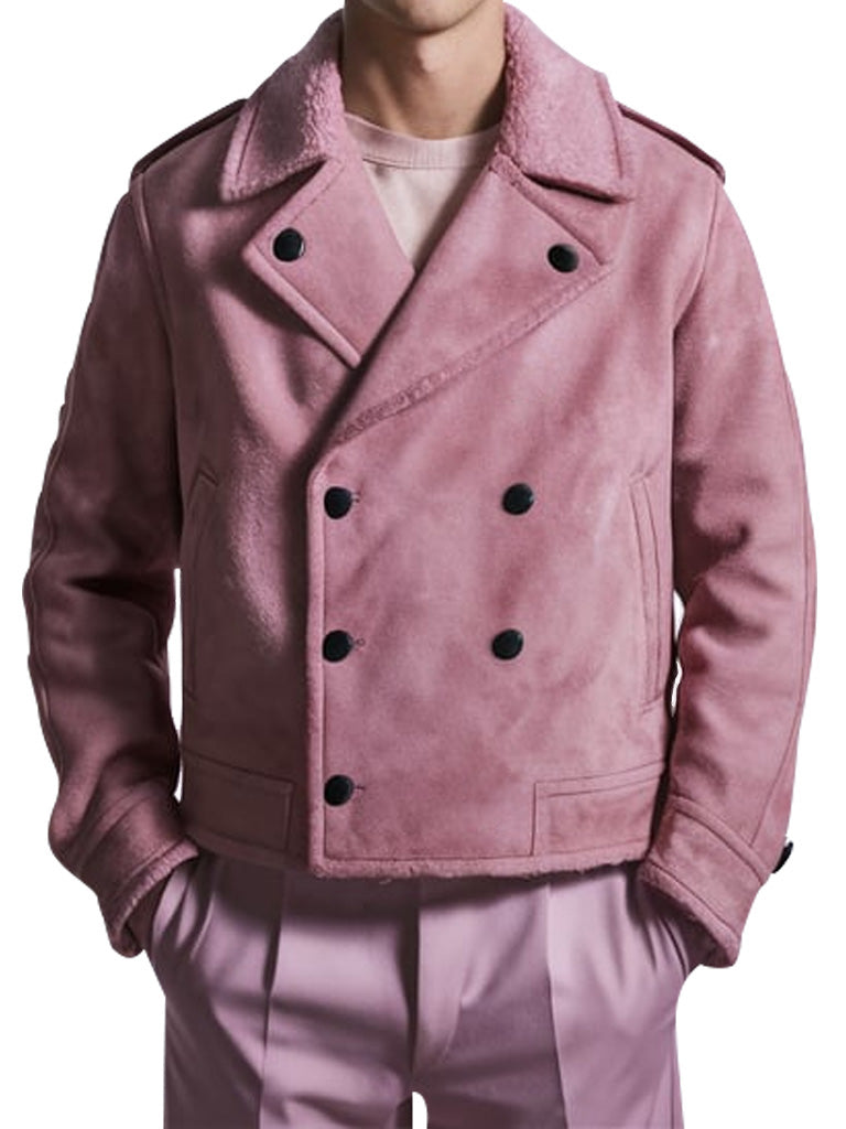 Men's Pink Shearling Suede Double Breasted Coat