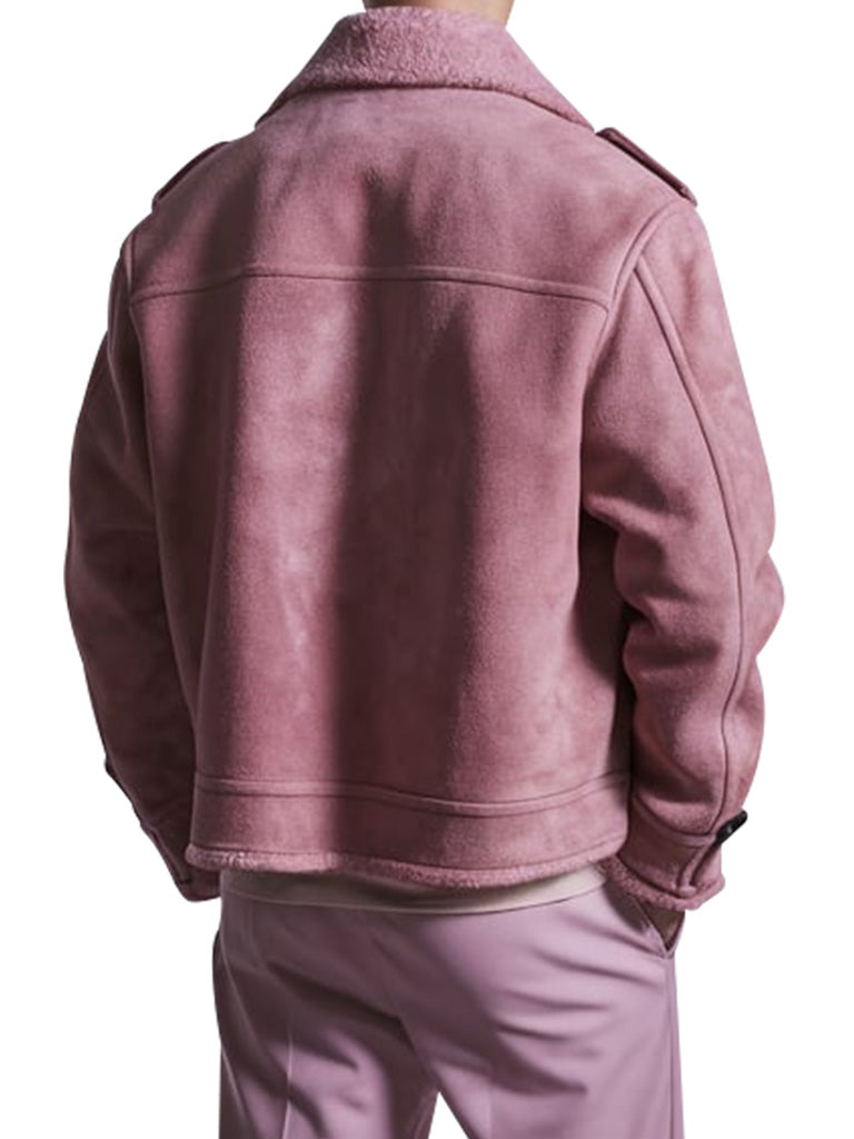 Men's Pink Shearling Suede Double Breasted Coat