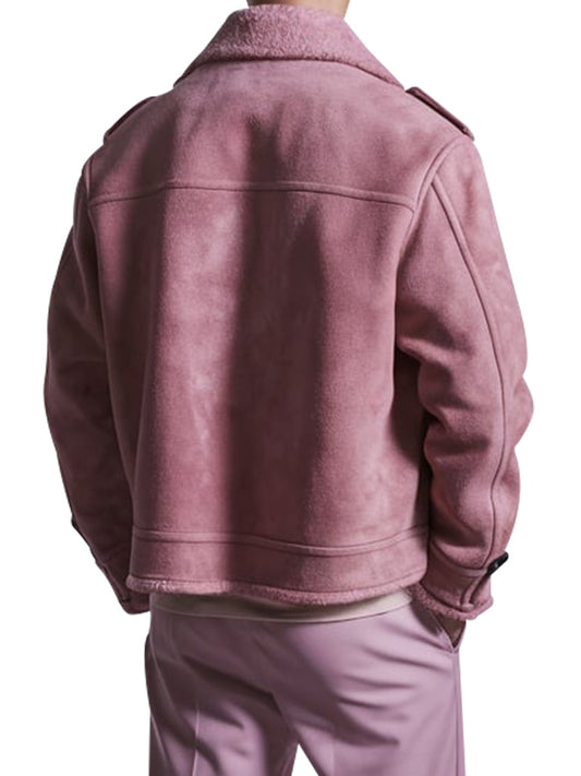 Men's Pink Shearling Suede Double Breasted Coat