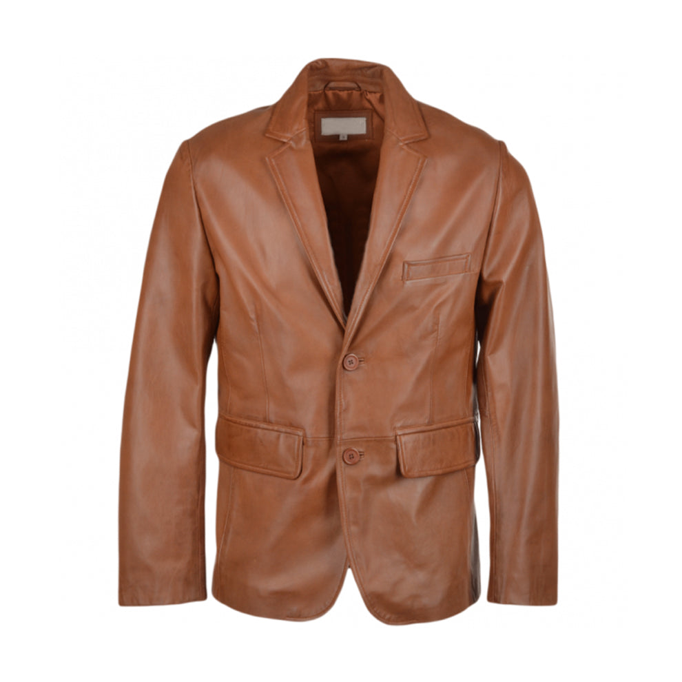 Tan Brown Notch Lapel Genuine Leather Blazer