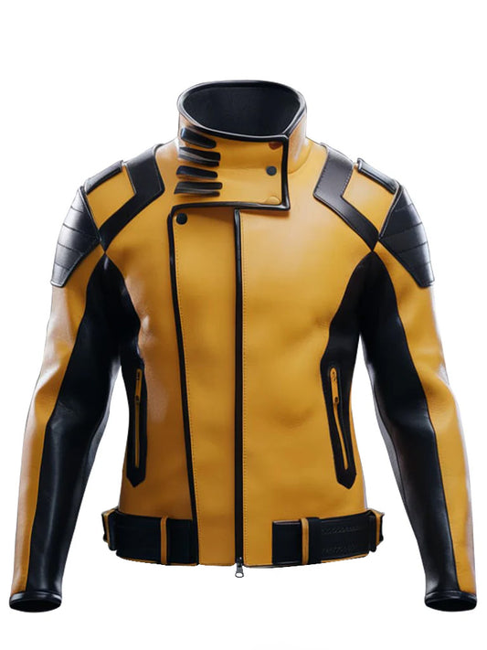 Men's Yellow and Black Biker Leather Jacket