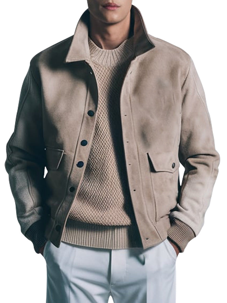 Men's Beige Casual Suede Bomber Jacket